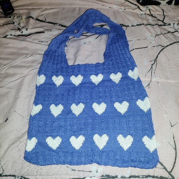 Blue and White Heart Patterned Knit Women's Bag - Picture 3 of 4